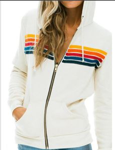 Sweats à capuche pour femmes Sweatshirts Femmes Mode Sweat à capuche surdimensionné Rainbow Stripe Sweat-shirt à manches longues Zipper Pocket Manteau Veste Printemps