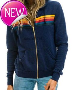 Sweats à capuche pour femmes Sweatshirts Femmes Mode Sweat à capuche surdimensionné Rainbow Stripe Sweat-shirt à manches longues Zipper Pocket Manteau Veste Printemps Casual V9