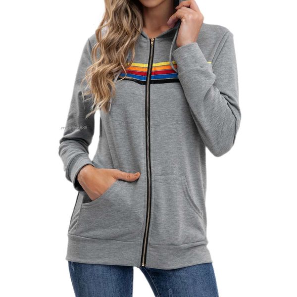 Sudaderas con capucha para mujer Sudaderas con capucha de moda para mujer Sudadera de manga larga con rayas del arco iris de gran tamaño Chaqueta con bolsillo con cremallera Chaqueta informal de primavera V Flyword123