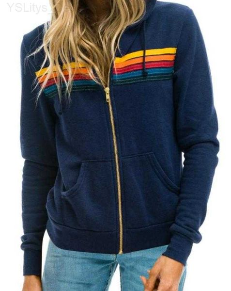 Sweats à capuche pour femmes Sweatshirts Femmes Mode Sweat À Capuche Surdimensionné Rainbow Stripe Sweat À Manches Longues Zipper Poche Manteau Veste Printemps Casual V L230823