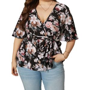 Sudaderas con capucha para mujer, camisa Floral de media manga, Sexy, con cuello en V, con cinturón, blusa Peplum con volantes, Top para mujer