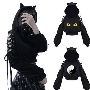 Sweats à capuche pour femmes Sweats Femmes Manches Longues Kawaii Chat Oreilles À Capuche Gothique Punk Harajuku Cold Shouler Bandage Noir 220930