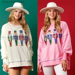 Dames Hoodies Sweatshirts Dames Kerstmis Roze Notenkraker Sweatshirt 2023 Nieuwe Pailletten Gewassen Veelzijdige Ronde Hals Sweatshirt SweaterL231011