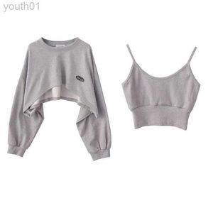 Women's Hoodies Sweatshirts Women's Fashion Asymmetrical Cropped Camis Sweatshirt 2 Piece Casual Solid Long Sleeve Female Pullovers Chic Tops zln231111