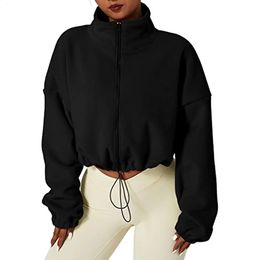 Dames Hoodies Sweatshirts Dames Fleece korte jas met volledige ritssluiting Warme winter Lange mouwen Opstaande kraag Sherpa Crop Coat sweatshirt tops winterkleding dames 231118