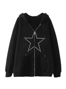 Sweats à capuche pour femmes Sweatshirts Femmes s Y2k Squelette Zip Up Sweat À Capuche Surdimensionné Strass Crâne Doigt À Manches Longues Veste Automne Streetwear 240401