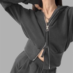 Sudaderas con capucha para mujer Sudaderas Chaquetas cortas Otoño Cremalleras dobles Abrigo con capucha de manga larga Casual Vintage Deportivo Ropa de abrigo suelta Crop Top Y2302