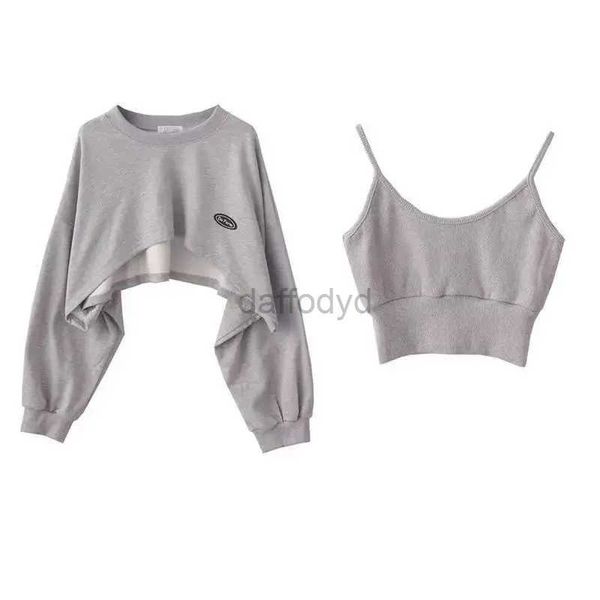 Sweats à capuche pour femmes Sweatshirts femmes mode asymétrique recadrée Camis sweat 2 pièces décontracté solide à manches longues femme pulls Chic hauts 24328