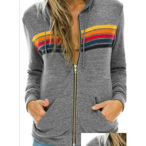 Dames Hoodies Sweatshirts Dames Dames Mode Hoodie Oversized Rainbow Stripe Sweatshirt met lange mouwen Ritsvak Jasje Dhy7K