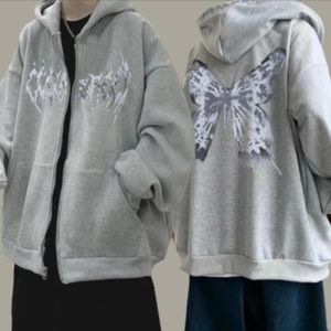 Dameshoodies Sweatshirts Womens Y2K Oversized Hoodie Vlinder Grafische Rhinestone Volledige ZIP Drawstring Jassen E-Girl 90s lange jas