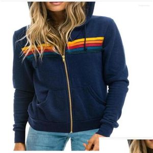 Sweats à capuche pour femmes Sweatshirts Femmes Zipup Veste Femmes Rainbow Stripe Épissage À Manches Longues Casual Slim À Capuche Automne Mode Europe Dhh0D