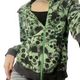Hoodies voor dames sweatshirts Xingqing Skull Sweatshirt Groene grafische topjes met lange mouwen met zakken met zakken y2k esthetische hoodie dames 2000s gotische punk jas 230306