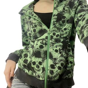 Hoodies voor dames sweatshirts xingqing Skull sweatshirt groene grafische lange mouw codeed tops met zakken y2k esthetische hoodie dames 2000s gotische punk jas 230206