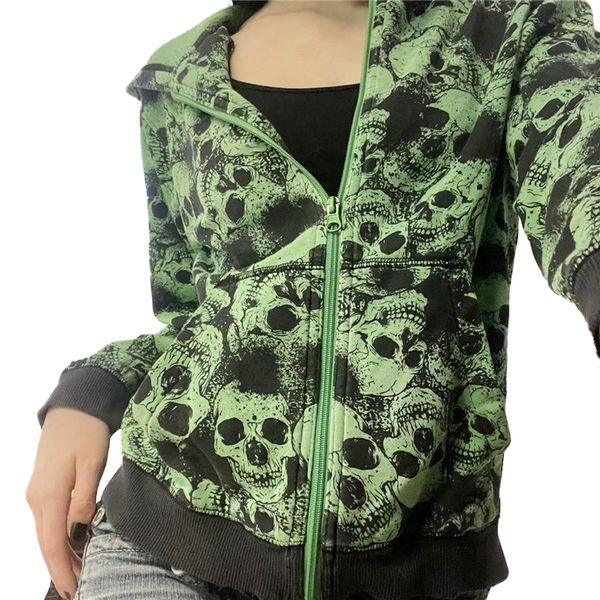 Sweats à capuche pour femmes Sweat-shirts Xingqing Skull Sweatshirt Vert Graphic Tops à capuche à manches longues avec poches y2k Aesthetic Hoodie Women 2000s Gothic Punk Coat 230206