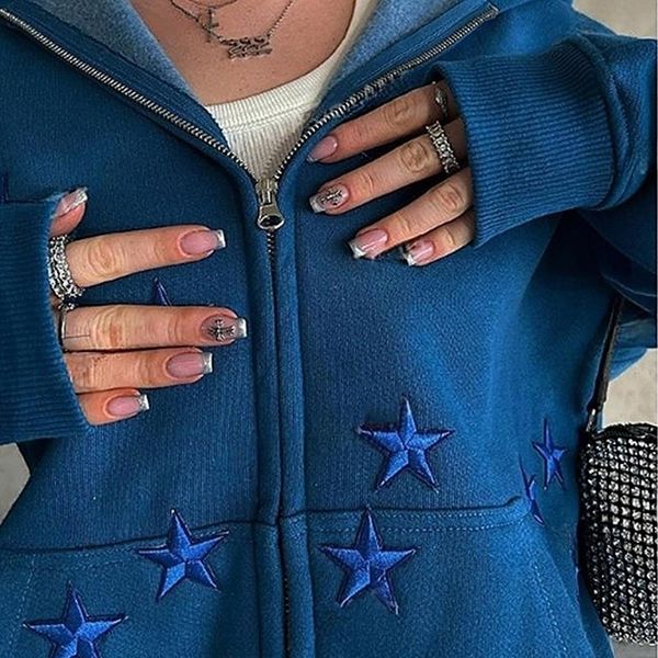 Sweats à capuche pour femmes Sweatshirts Y2k Zip Sweat à capuche Star Broderie Goth Punk Sweat Bleu Marine Sweat Veste Gothique Manches Longues Surdimensionné EMO 231114