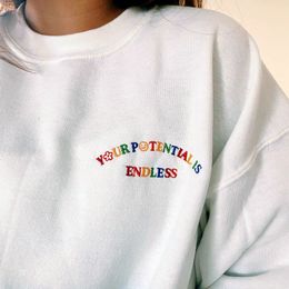 Sweats à capuche pour femmes Votre potentiel est sans fin Lettres positives Broderie imprimée Femmes Sweat blanc Vintage Coton lâche Automne 230731