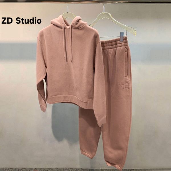 Sweat-shirt à capuche pour femmes, ensemble de pantalons en peluche rose sale, imprimé alphabet basique, avec cordon de serrage, ZD Studio, automne 2023, 230822