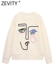 Hoodies voor dames sweatshirts ZEVITY vrouwen mode abstract portret borduurwerk casual fleece vrouwelijke lange mouw chique pullovers tops h2428 230206