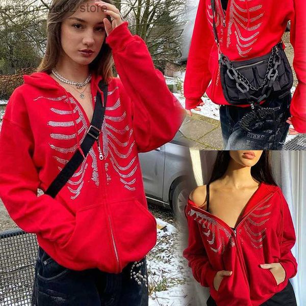 Sudaderas con capucha para mujer Sudadera con capucha roja gótica con cremallera Y2k Otoño Cráneo de diamantes de imitación para mujer Sudadera extragrande informal Punk E-girl Chaqueta de manga larga Harajuku T23628