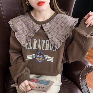 Dameshoodies Sweatshirts Zosol De Koreaanse Plaid Doll Collar Letter Print toont dunne en leeftijd Reducerende Mode Trui