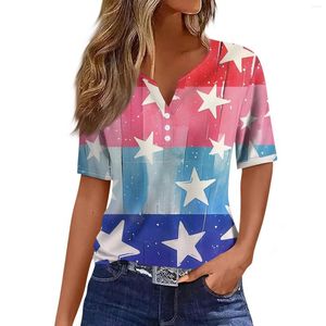 Sweat à capuche pour femmes T-shirt Tee Independence Day Print Bouton Sleeve Sleeve Daily Weekend Fashion Basic V-N cou Rangsal Top Confortable