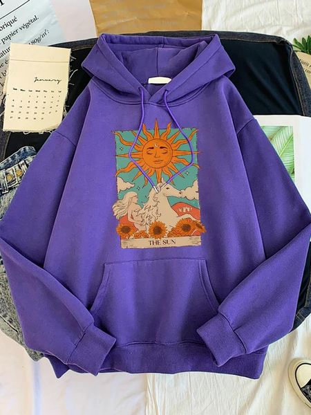 Sudaderas con capucha para mujer Tarot Card Art The Sun imprime moda femenina Casual Sportshirt sudaderas holgadas de gran tamaño ropa de mujer de lana cálida