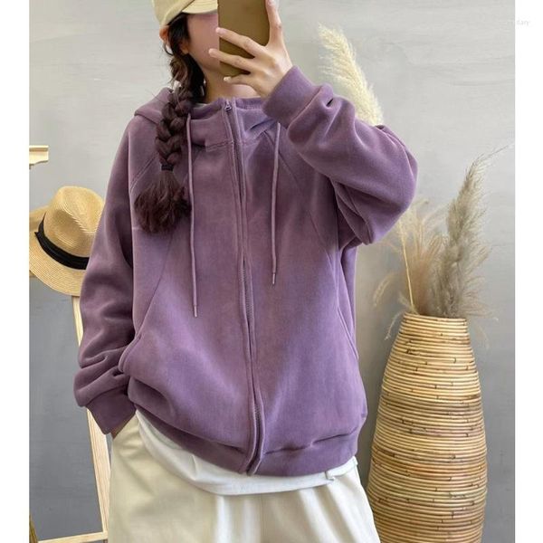 Sweat à capuche pour femmes épais chaud double couche en peluche avec fermeture éclair pour les femmes à capuche lâche loisirs violet veste automne hiver vêtements d'extérieur