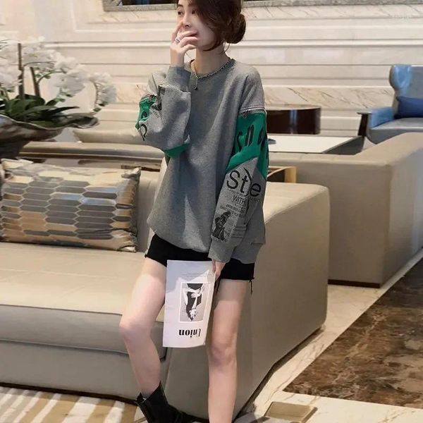 Sudaderas con capucha para mujer Tops Baggy Hip Hop Sudaderas con estampado de letras para mujer Texto suelto Ropa femenina larga Jerséis con cuello redondo Gráfico Gris en