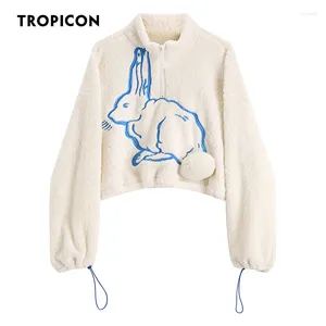 Sudaderas con capucha para mujer, sudadera recortada TROPICON, Sudadera con capucha de piel con estampado de animales blanco, Top corto holgado con cremallera y cuello borroso para invierno y otoño