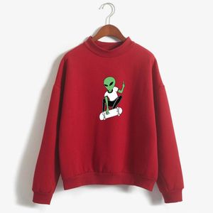 Hoodies voor dames Turtleneck Hoodie Herfst Winter Fleece Casual Harajuku Kawaii Skateboard Alien Cartoon Print Sweatshirt Women Streetwear