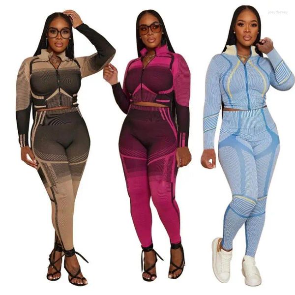 HOJAS MUJERES SET DOS PIEZAS Mujeres Impresión creativa Sportsuit femenina Casual más flaco pantalones largos Sweatsuit de trajes de vía 2pcs