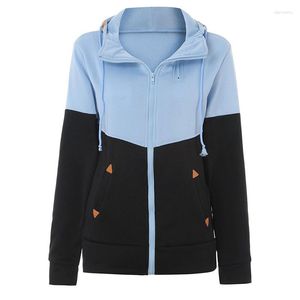 Sweats à capuche pour femmes Double fermeture à glissière Colorblock Hood Long Sleep Pullover