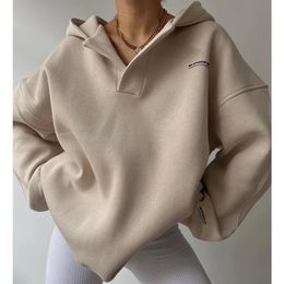 Sweats à capuche pour femmes col en V solide à manches longues pull hauts amples femme tout-match sweats à capuche dames vêtements de mode 240112
