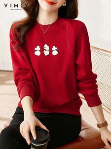 Dames Hoodies Vimly Truien met ronde hals en ronde hals voor dames Schattig Panda Geborduurd 2024 Lente Rood Loose Fit Lange mouwen Tops V7605