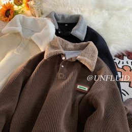 Sweats à capuche pour femmes Vintage marron velours côtelé col POLO sweat surdimensionné Preppy Streetwear pull ample velours épais vêtements d'hiver couples