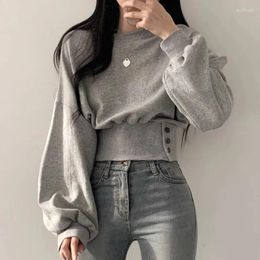 Sudaderas con capucha WDMSNA para mujer, sudaderas con cuello redondo para mujer, Jersey corto de cintura ajustada con botones, Top elegante de manga larga para otoño