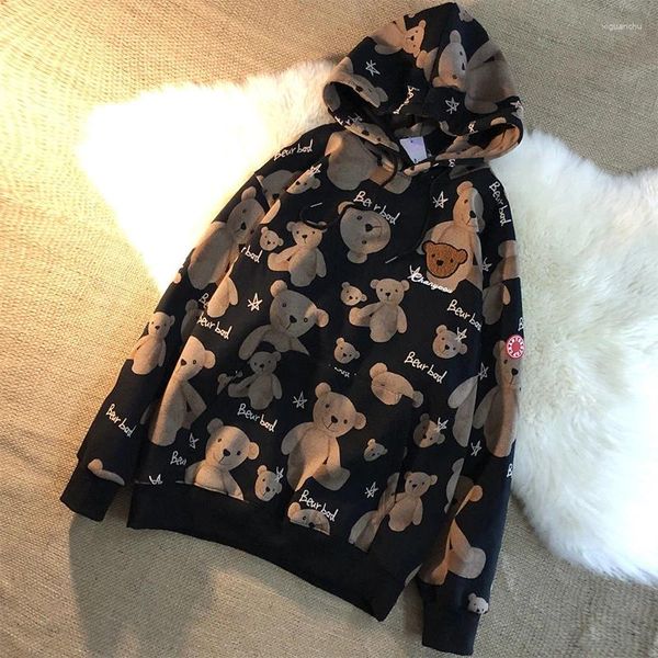 Sweats à capuche pour femmes hiver peluche épais lâche paresseux Ulzzang Ins surdimensionné coréen sweat dames hauts de sport ours imprimé sweat à capuche brodé