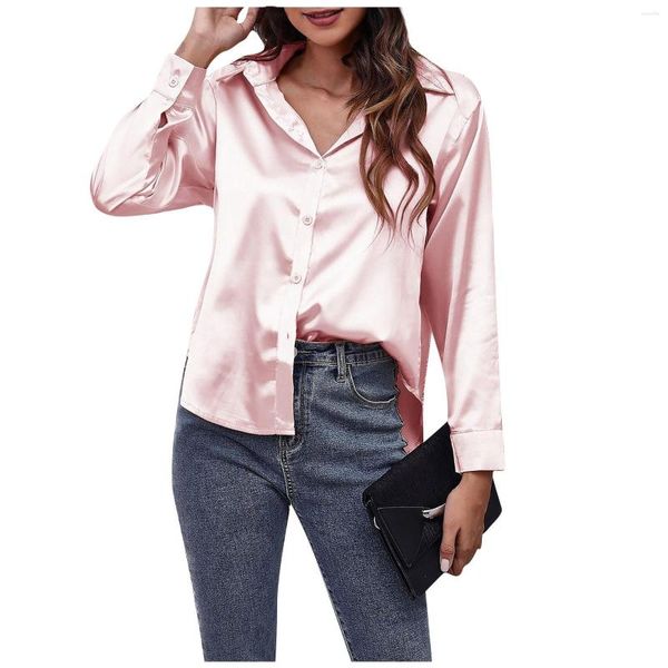 Sweats à capuche pour femmes Mode décontractée Col en V Bouton solide Satin Imitation Soie Chemise à manches longues Top Y2k Femmes Sweat-shirt Streetwear