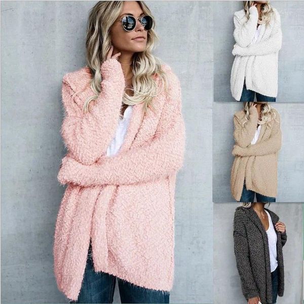 Cardigan à capuche en laine pour femme, pull à capuche, couleur unie, manches longues, ample, manteau pour femme, automne/hiver, LYY565
