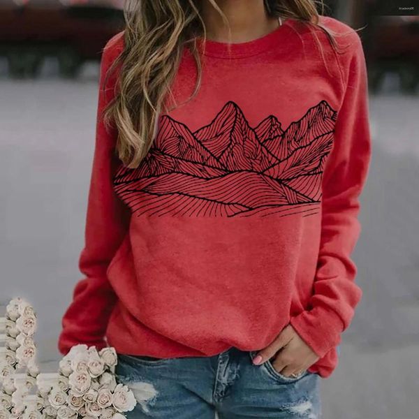 Sweats à capuche pour femmes Pull à la mode pour femmes Manteau à manches longues Sweat imprimé décontracté Col rond Pull Art Peintures Montagne Forêt Tops