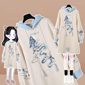 Sweat à capuche pour femmes, robe mi-longue brodée, épaisse, Style chinois Hanfu Cheongsam, surdimensionnée, ample