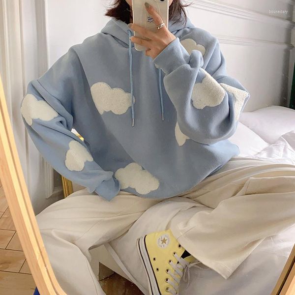 Sweats à capuche pour femmes femmes automne hiver à manches longues pull décontracté 2023 bleu ciel blanc nuages doux à capuche haut dame pull pull ample