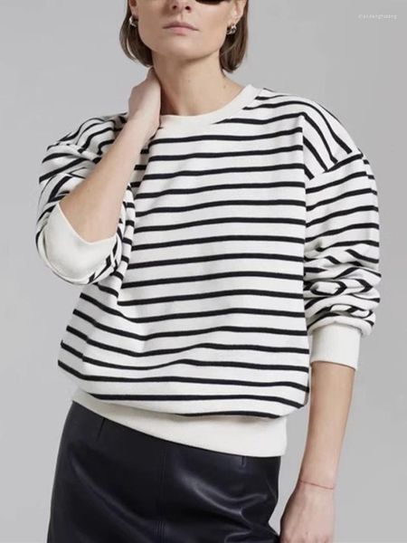 Sweat-shirt à capuche pour femmes, rayé noir et blanc, col rond, ample, décontracté, manches longues, automne 2023