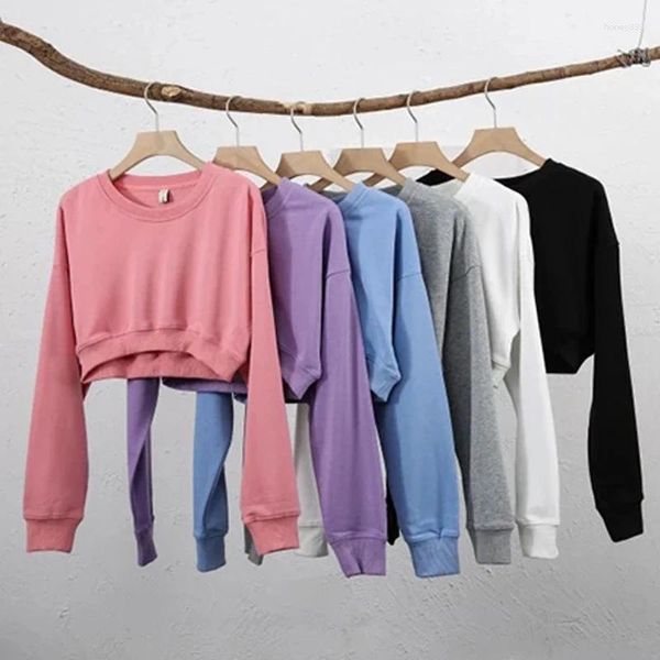 Sweats à capuche pour femmes Femmes Casual Coton Crop Sweat à capuche Manches longues Sweat à capuche Gym Entraînement Asymétrique Jogging Pull Vêtements esthétiques