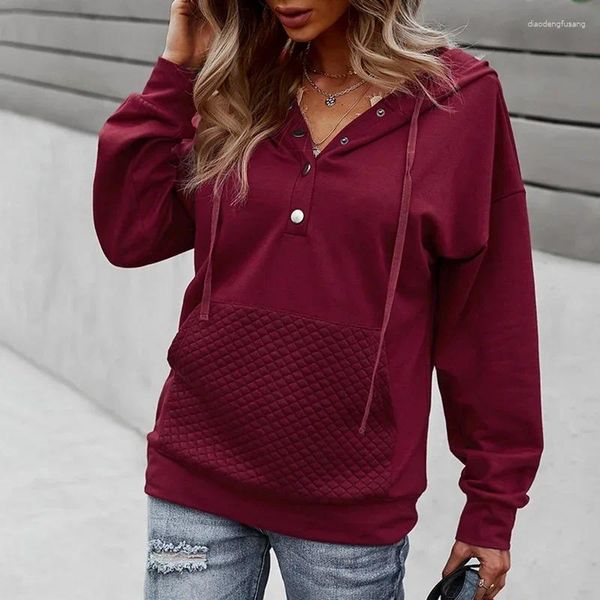 Sudaderas con capucha para mujer Mujeres Casual Vintage Sudaderas Chándal Invierno Cálido Jersey suelto Otoño Moda Botones rojos Turn Collar Tops Jumper