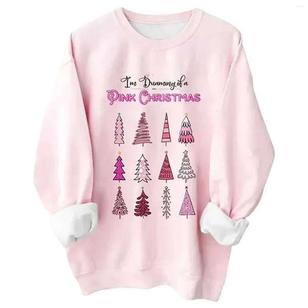 Sweat à capuche imprimé arbre de noël pour femmes, mignon rose, col rond, manches longues, sans chapeau