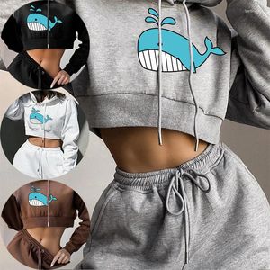 Sudaderas con capucha para mujer, Top corto con capucha informal de manga larga, sudadera corta con capucha, suéteres estampados sexys en 10 colores