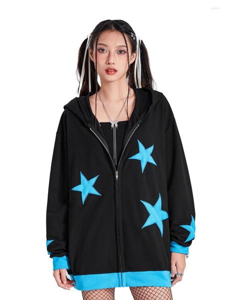 Sweats à capuche pour femmes Femmes Mignon Zip-Up Étoiles Motif Manches Longues Cual Veste Lâche Y2K Adolescente Automne Sweat-Shirts Surdimensionnés