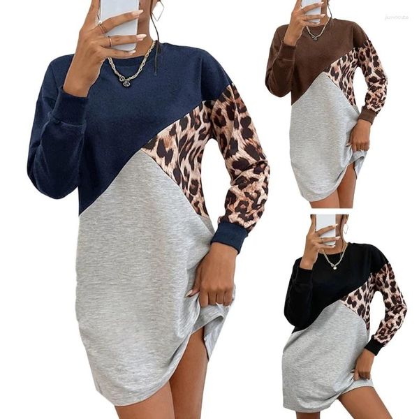 Sudaderas con capucha para mujer, vestido de sudadera de manga larga con estampado de leopardo, informal, túnica, Top holgado, cuello redondo, mini suéter, vestidos, ropa de calle