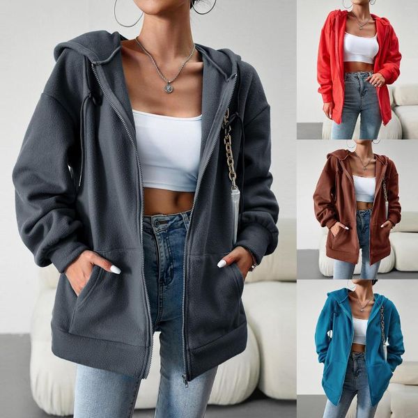 Hoodies femininos manga longa cor sólida cardigan moletom solto ajuste minimalista com bolsos outono inverno streetwear casual topos